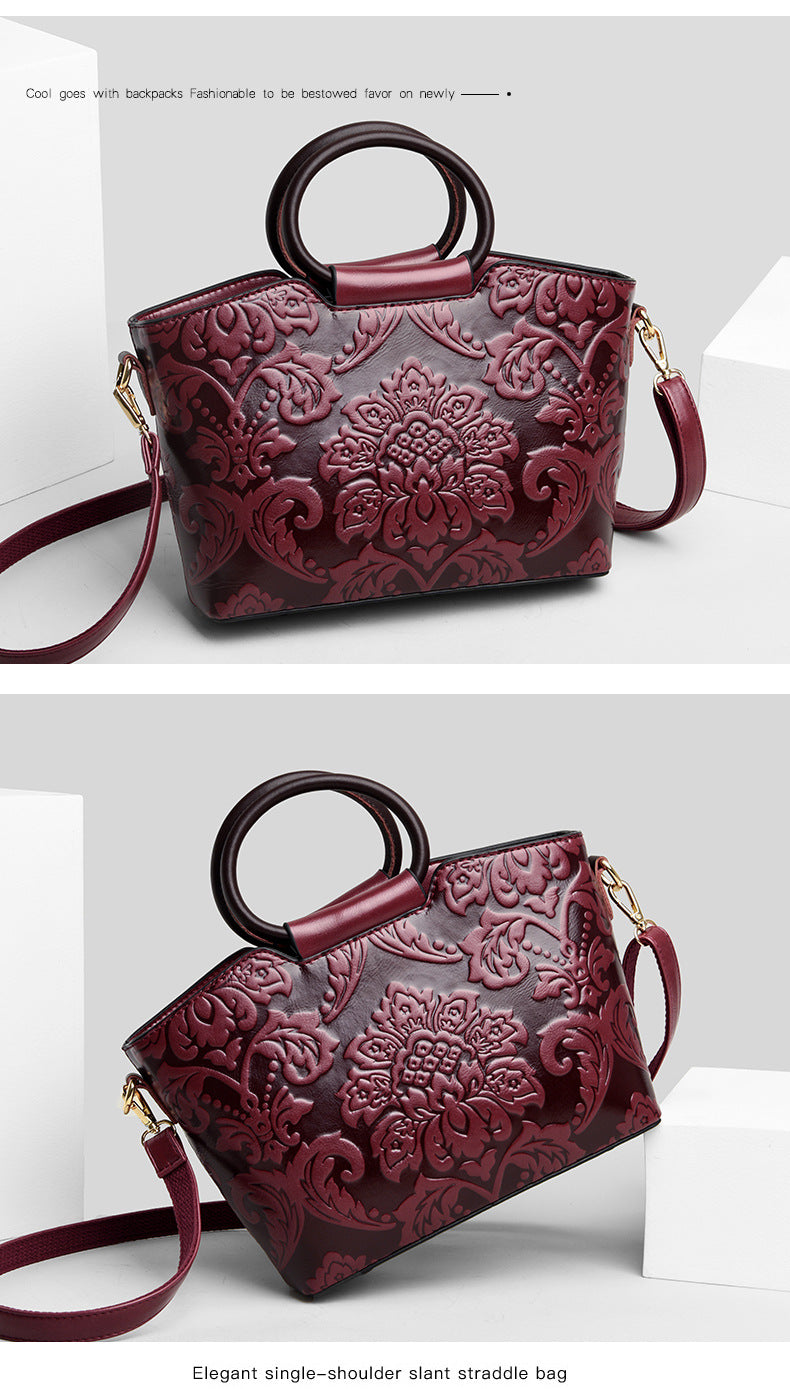 Vintage Embossed Leather Tote Bag for Women