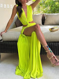 Full Size Sleeveless Plunge Knot Cutout High Slit Maxi Dress Plus Size - TrendNest