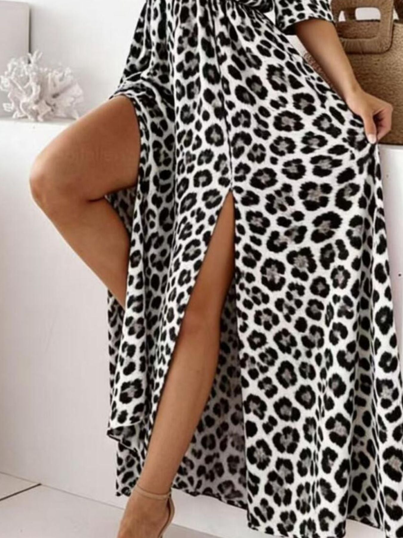 Leopard Print Cold Shoulder Slit Maxi Dress - TrendNest