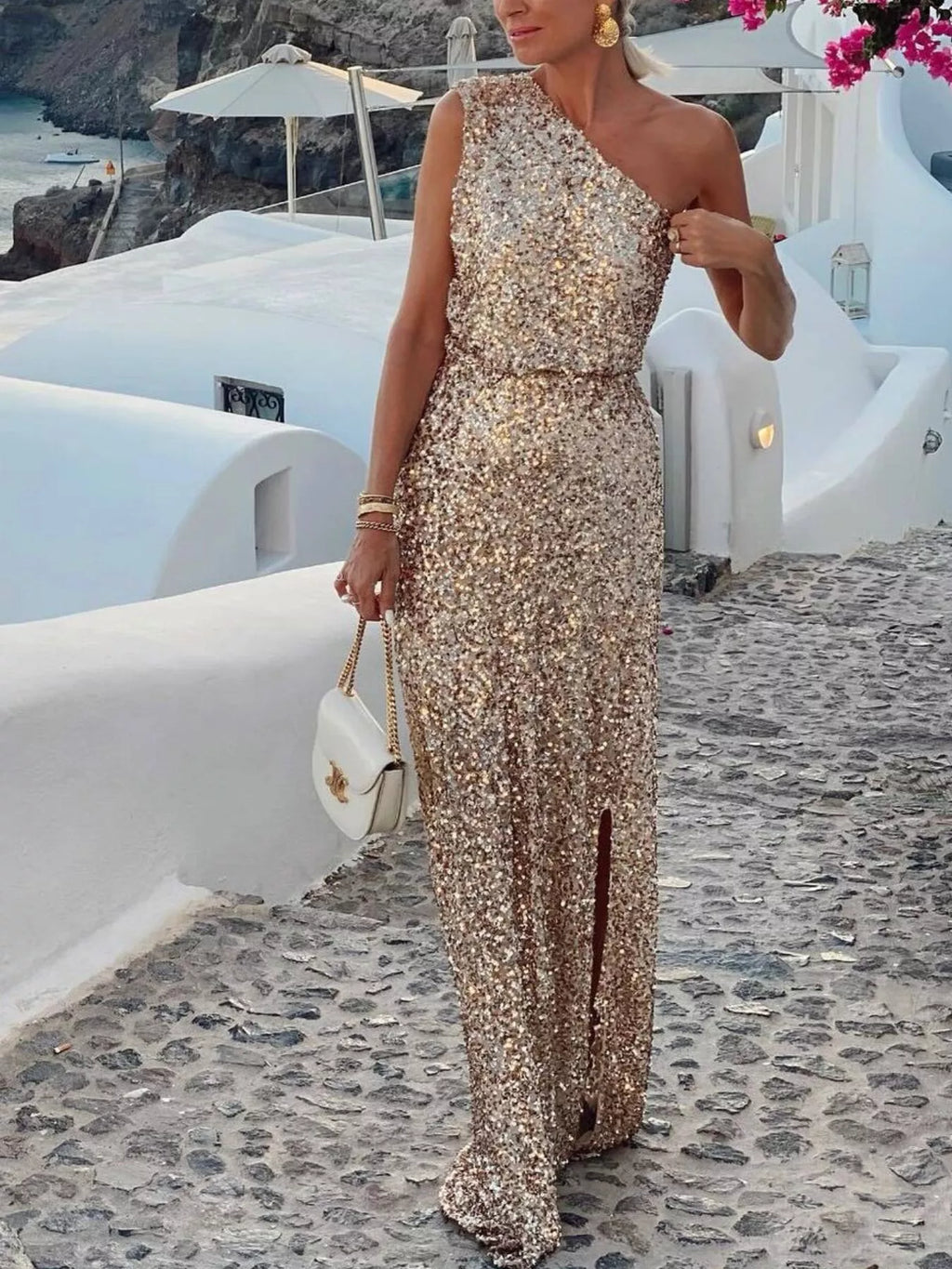 Sequin One - Shoulder Slit Maxi Dress - TrendNest