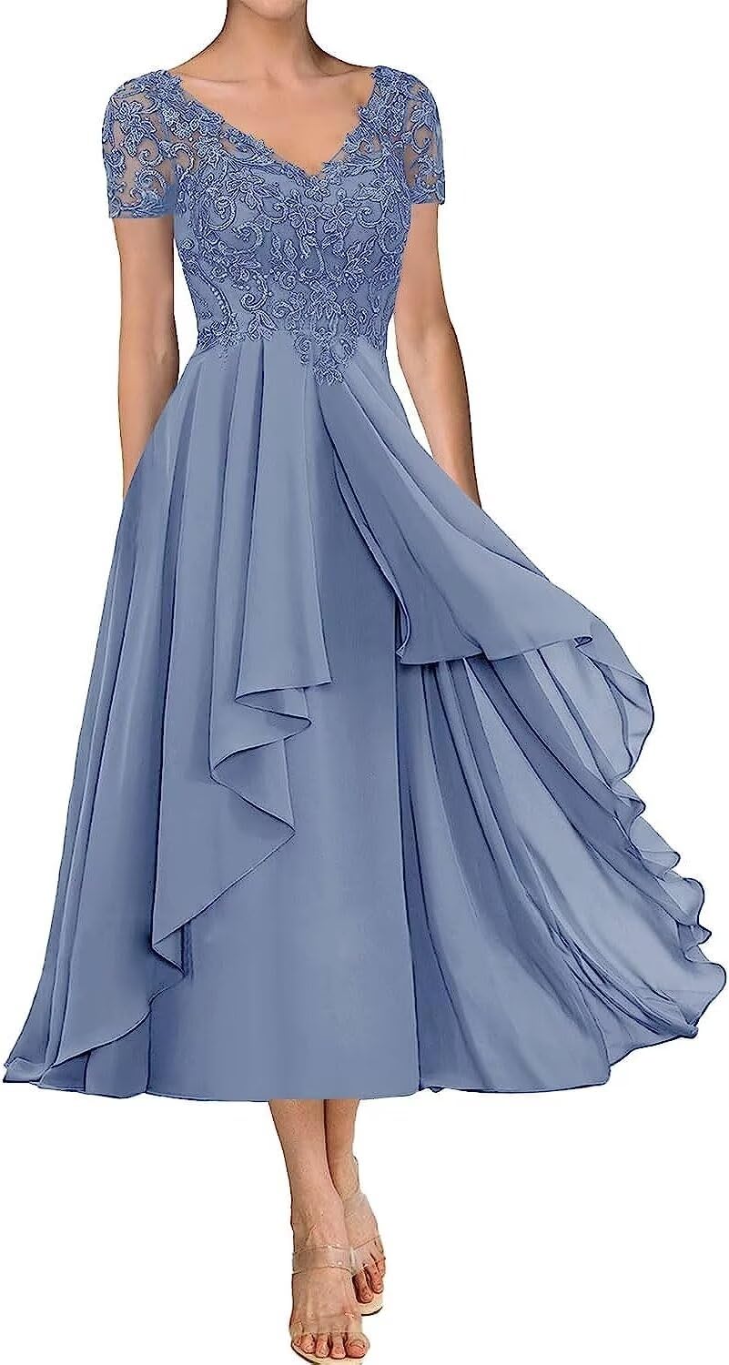 Lace Applique Mother of The Bride Dress for Wedding Short Sleeves Tea Length Chiffon Formal Party Gown for Women Dusty Blue US8