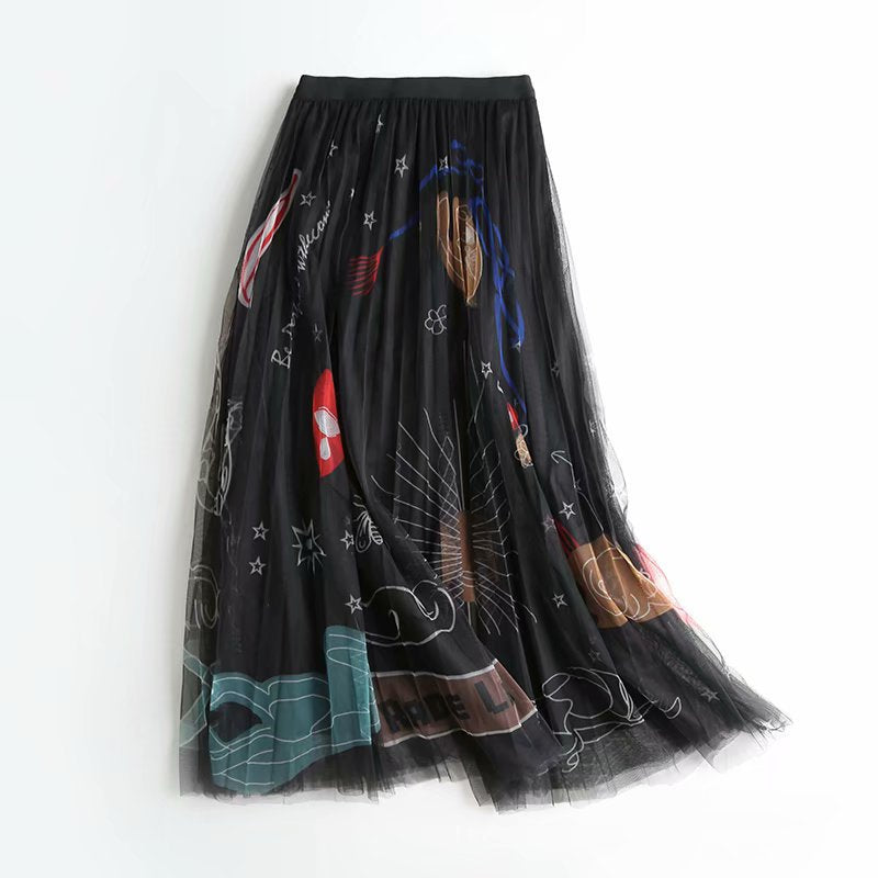 High-Waisted A-Line Floral Tulle Midi Skirt for Women