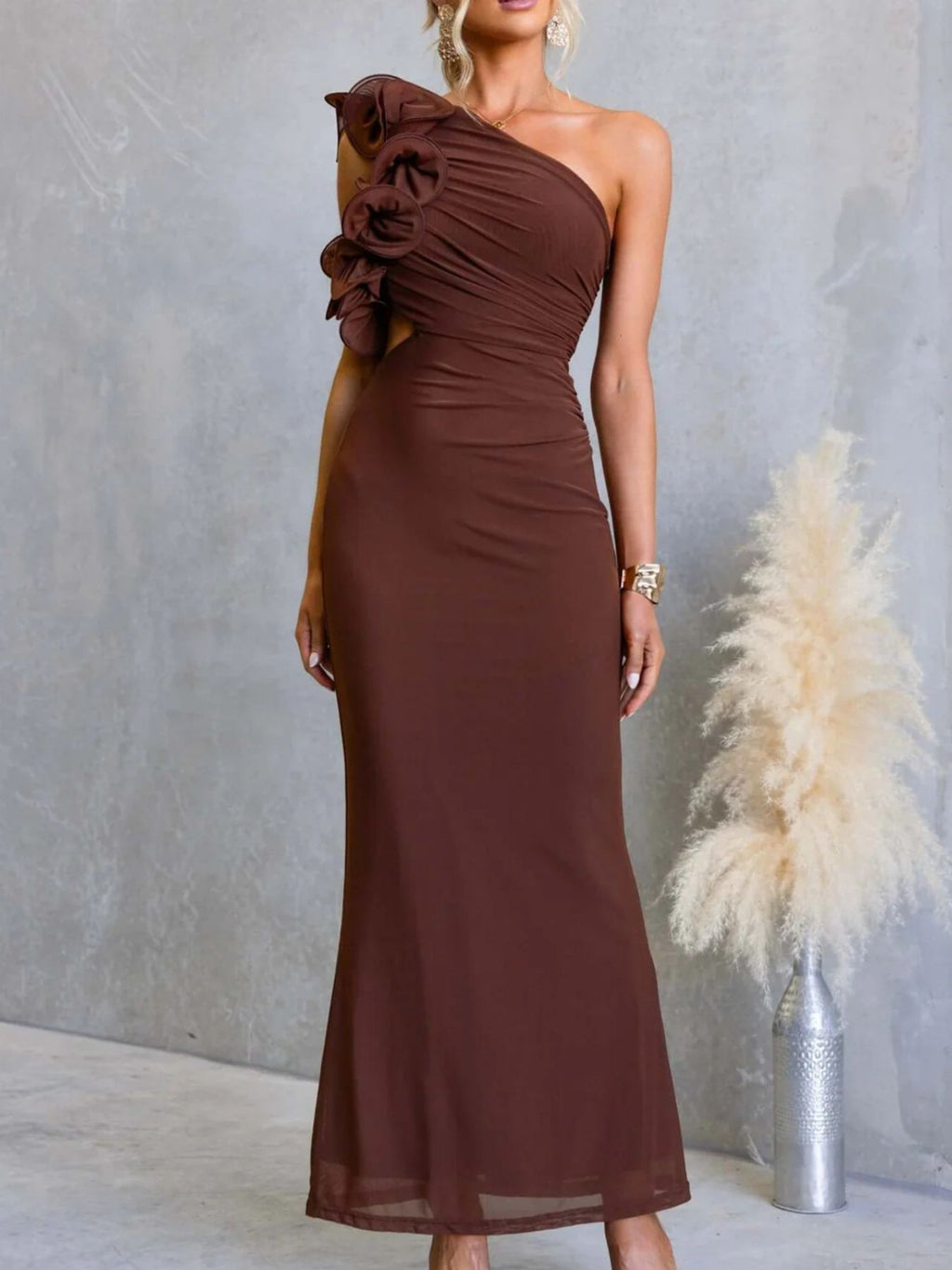 One - Shoulder Floral Trim Sleeveless Maxi Dress - TrendNest