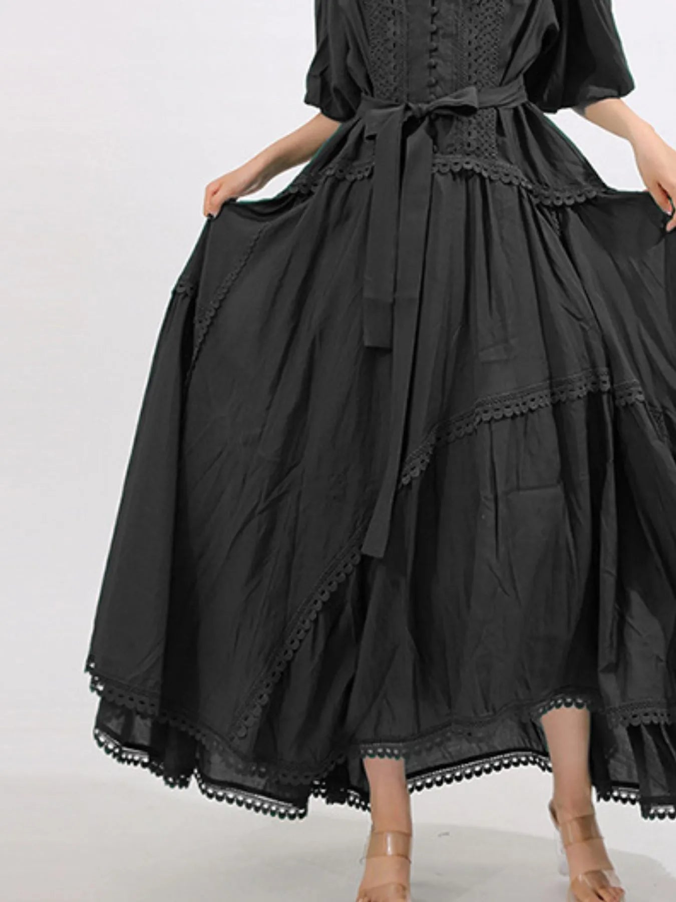 Lace Detail Notched Puff Sleeve Maxi Dress - TrendNest