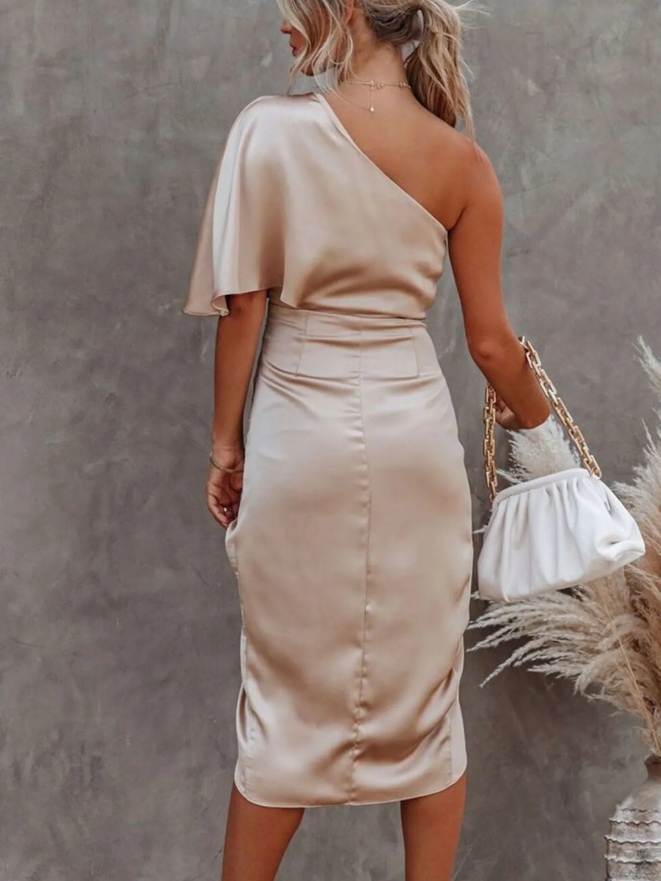 One - Shoulder Satin Wrap Dress with Side Slit - TrendNest