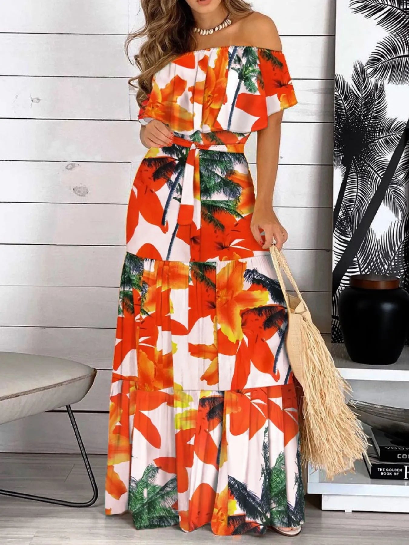 Printed Off Shoulder Maxi Dress - TrendNest