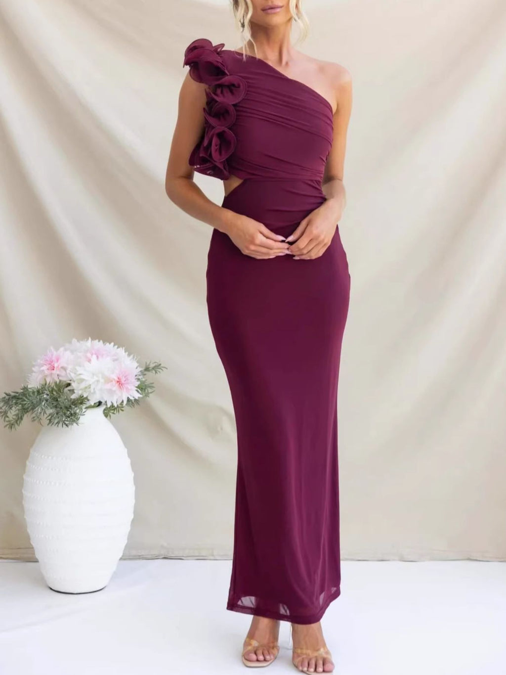 One - Shoulder Floral Trim Sleeveless Maxi Dress - TrendNest