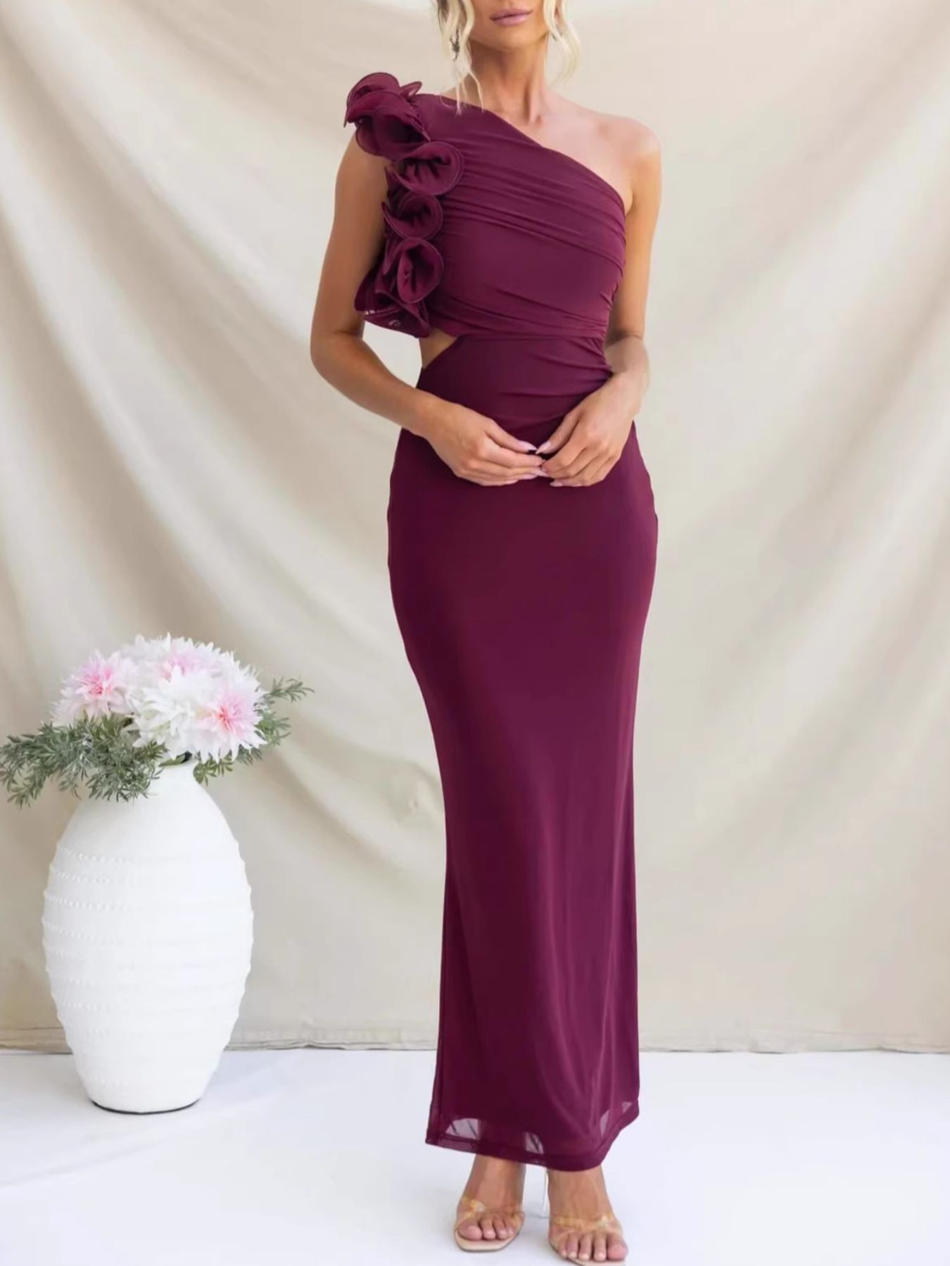One - Shoulder Floral Trim Sleeveless Maxi Dress - TrendNest