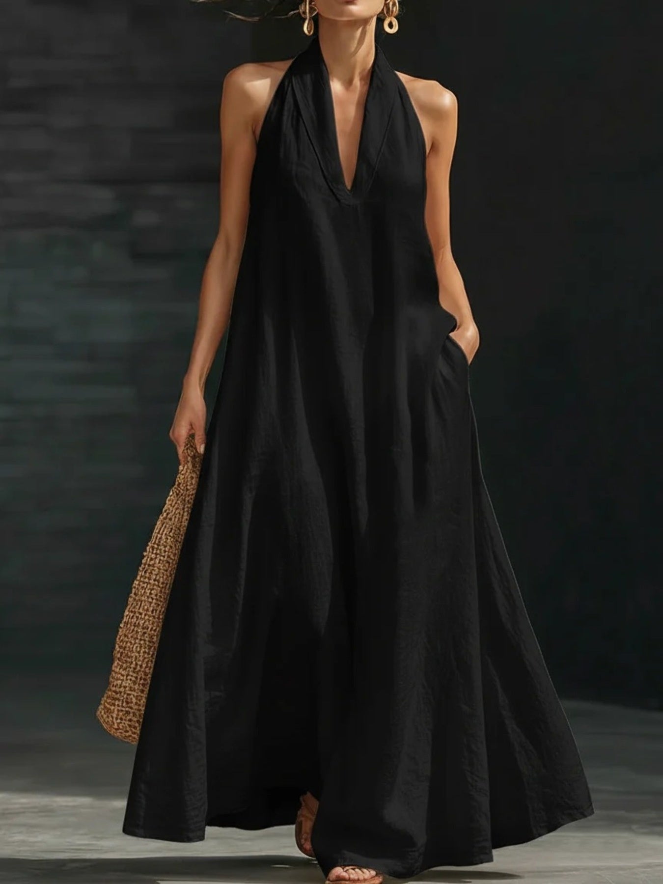 Halter Neck Maxi Dress with Pockets - TrendNest