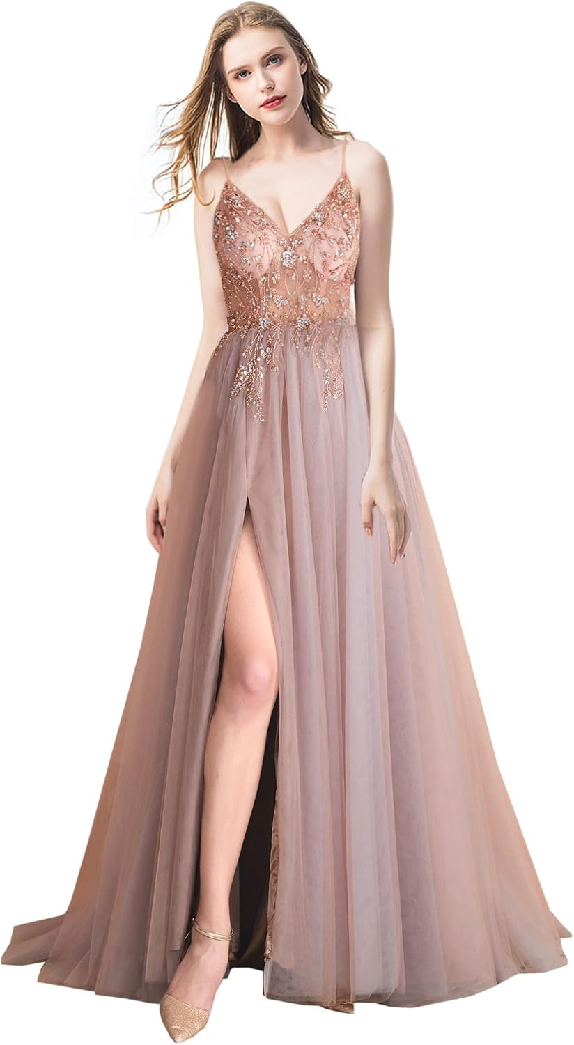 Women'S V Neck Long Prom Dress Tulle Side Slit Evening Dress Formal Prom Gowns with Beads