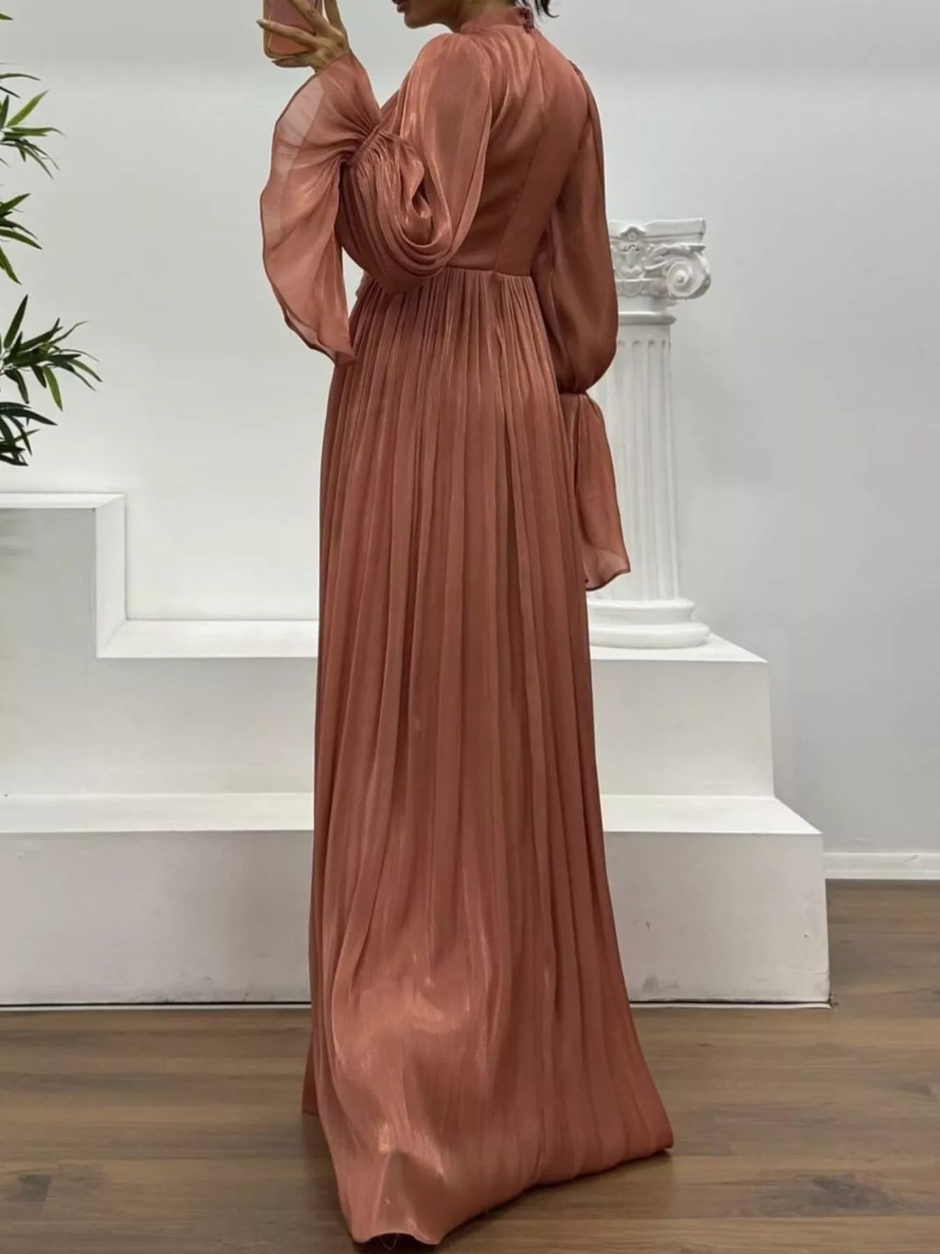 Pleated Mock Neck Long Sleeve Maxi Dress - TrendNest