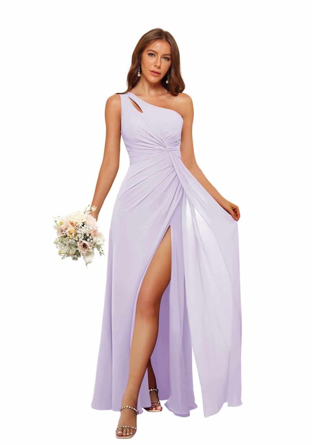 Clothfun Womens One Shoulder Pleated Bridesmaid Dresses with Pockets A-Line Chiffon Long Formal Dress for Evening Party Lilac Size 12