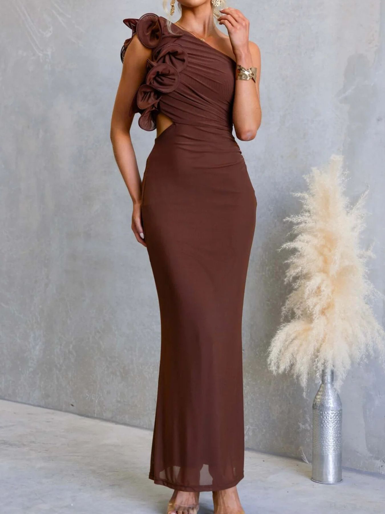 One - Shoulder Floral Trim Sleeveless Maxi Dress - TrendNest