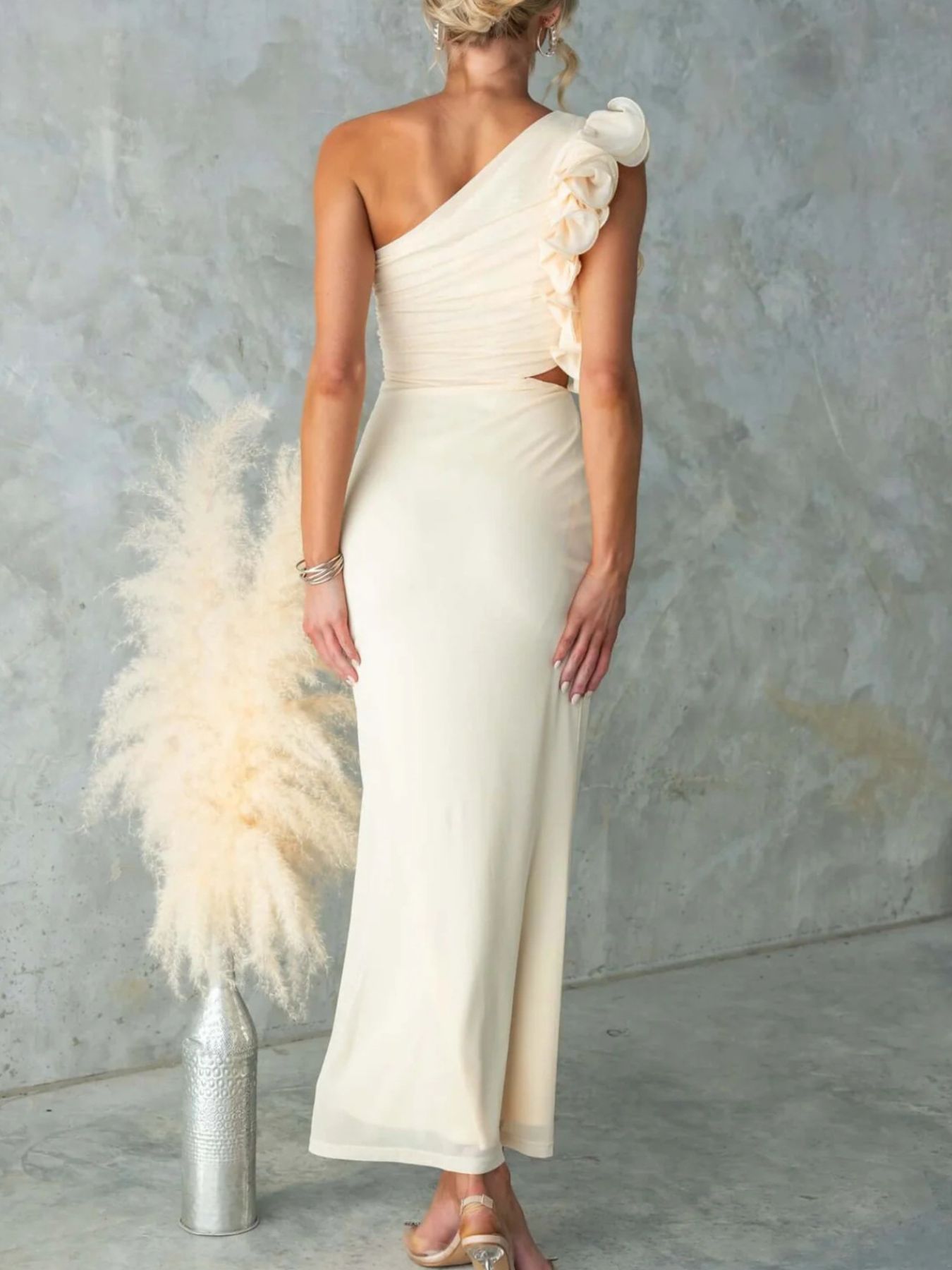 One - Shoulder Floral Trim Sleeveless Maxi Dress - TrendNest