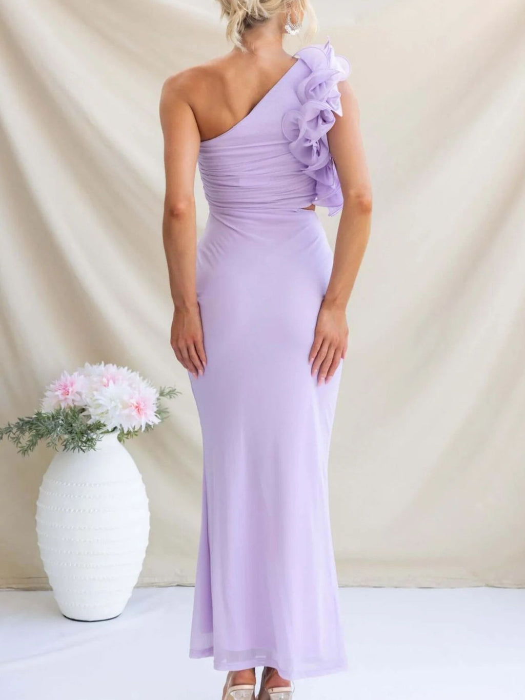 One - Shoulder Floral Trim Sleeveless Maxi Dress - TrendNest