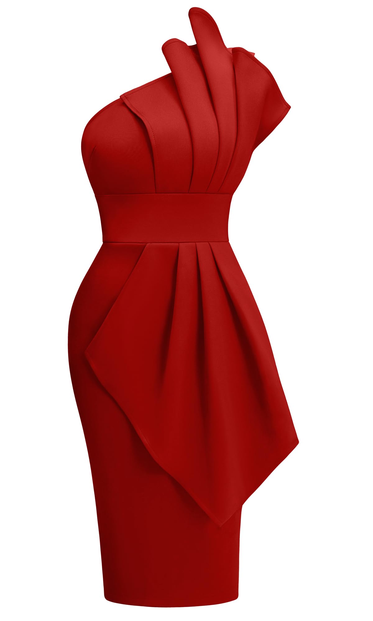 Memoriesea Womens Elegant One Shoulder Pleated Detail Bodycon Party Club Midi Dress Red
