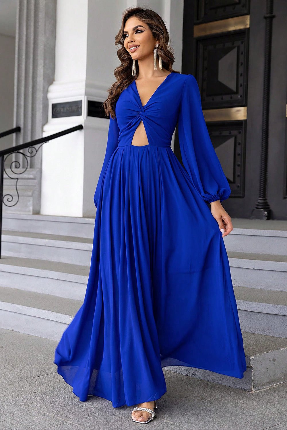 Twist Front Cutout Long Sleeve Dress - TrendNest