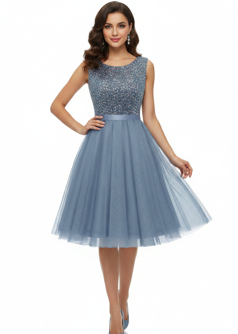BeryLove Womens Short Sequin Party Dress Sleeveless Boat Neck Prom Wedding Formal Homecoming Dresses for Teens Cocktail Evening Gown S002 Grey Blue S