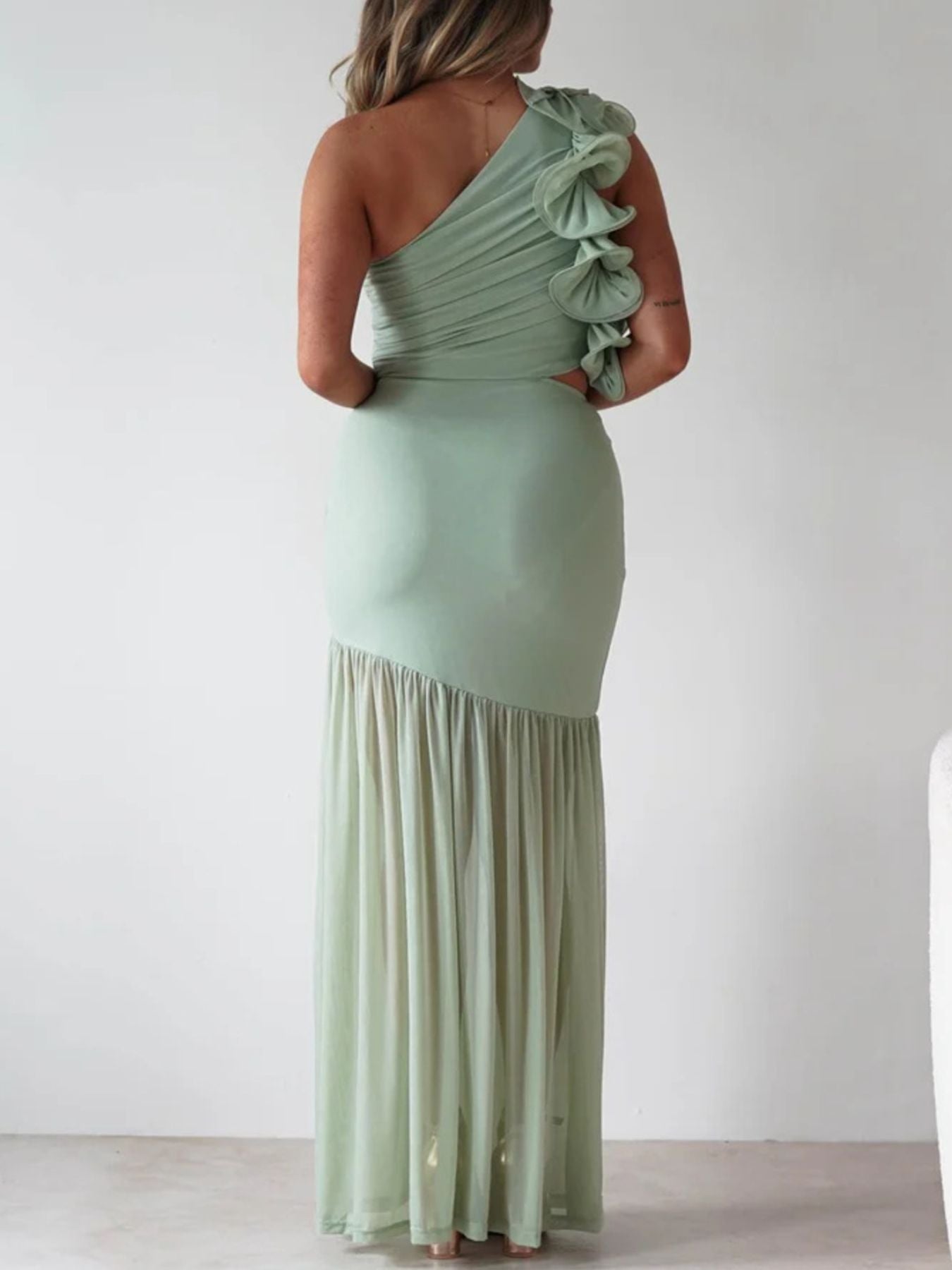 One - Shoulder Ruffle Trim Maxi Dress - TrendNest