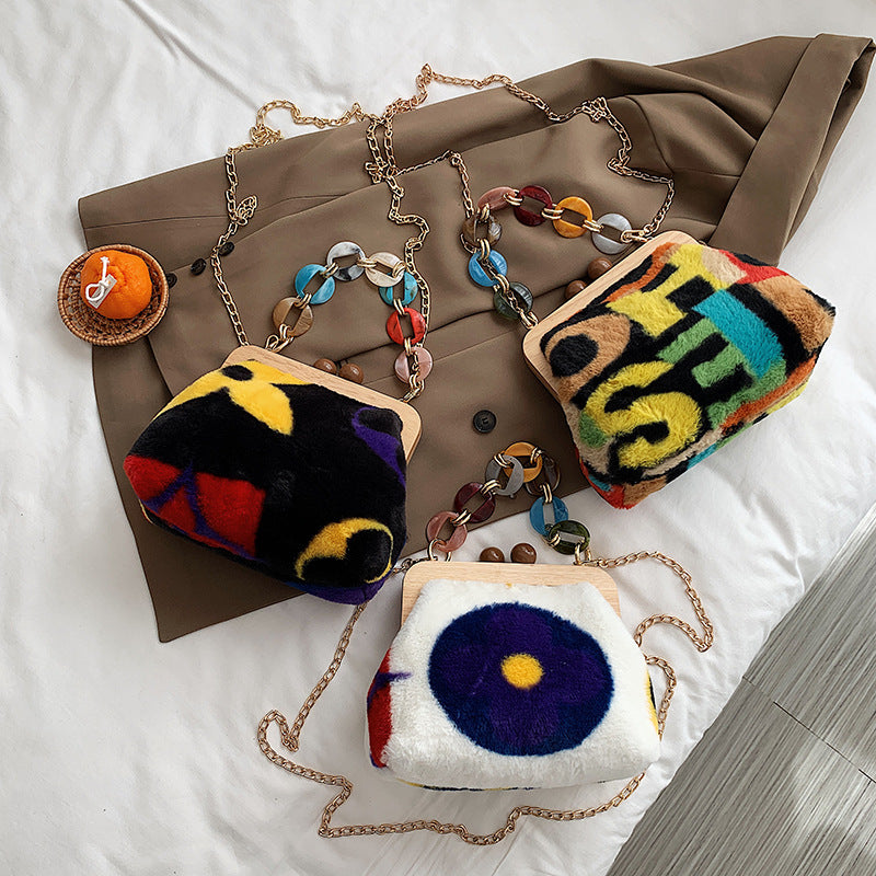 Fashion Women's Plush Messenger Bag with Thick Chain