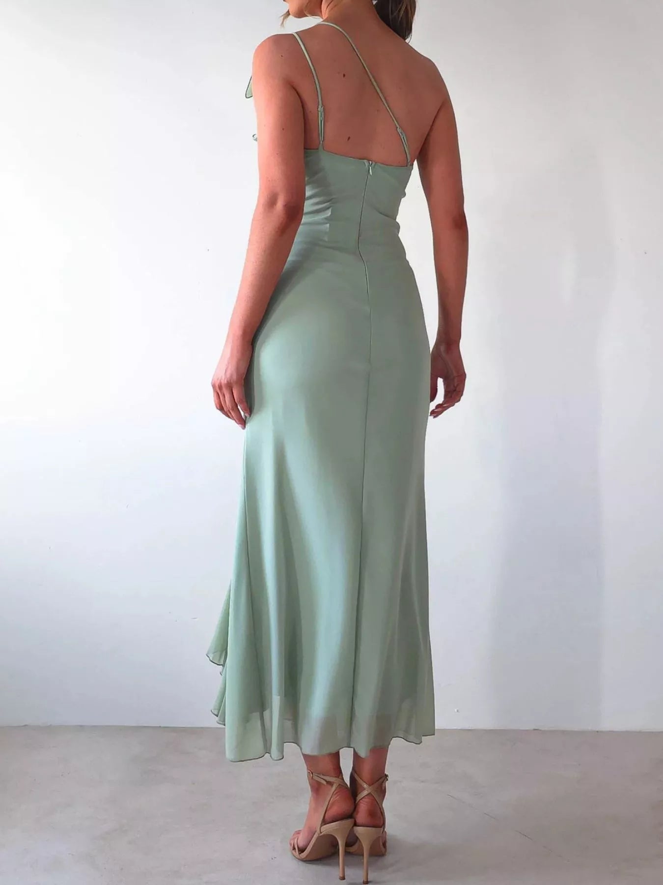 One - Shoulder Ruffle Slit Dress - TrendNest