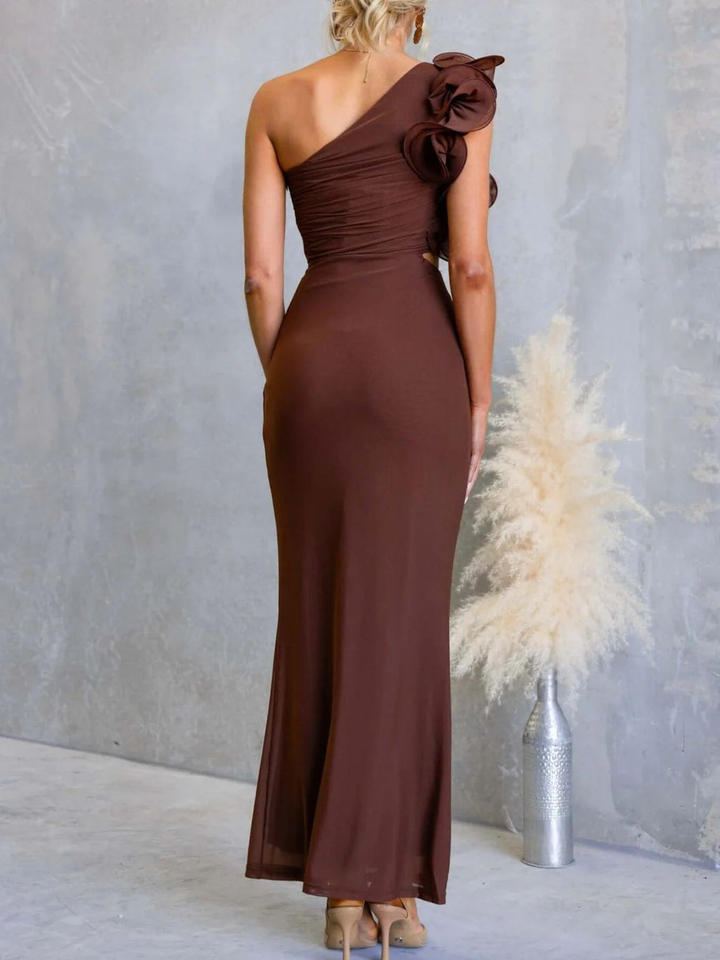 One - Shoulder Floral Trim Sleeveless Maxi Dress - TrendNest
