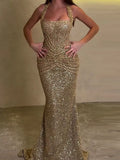 Sequin Halter Neck Ruched Mermaid Maxi Dress - TrendNest