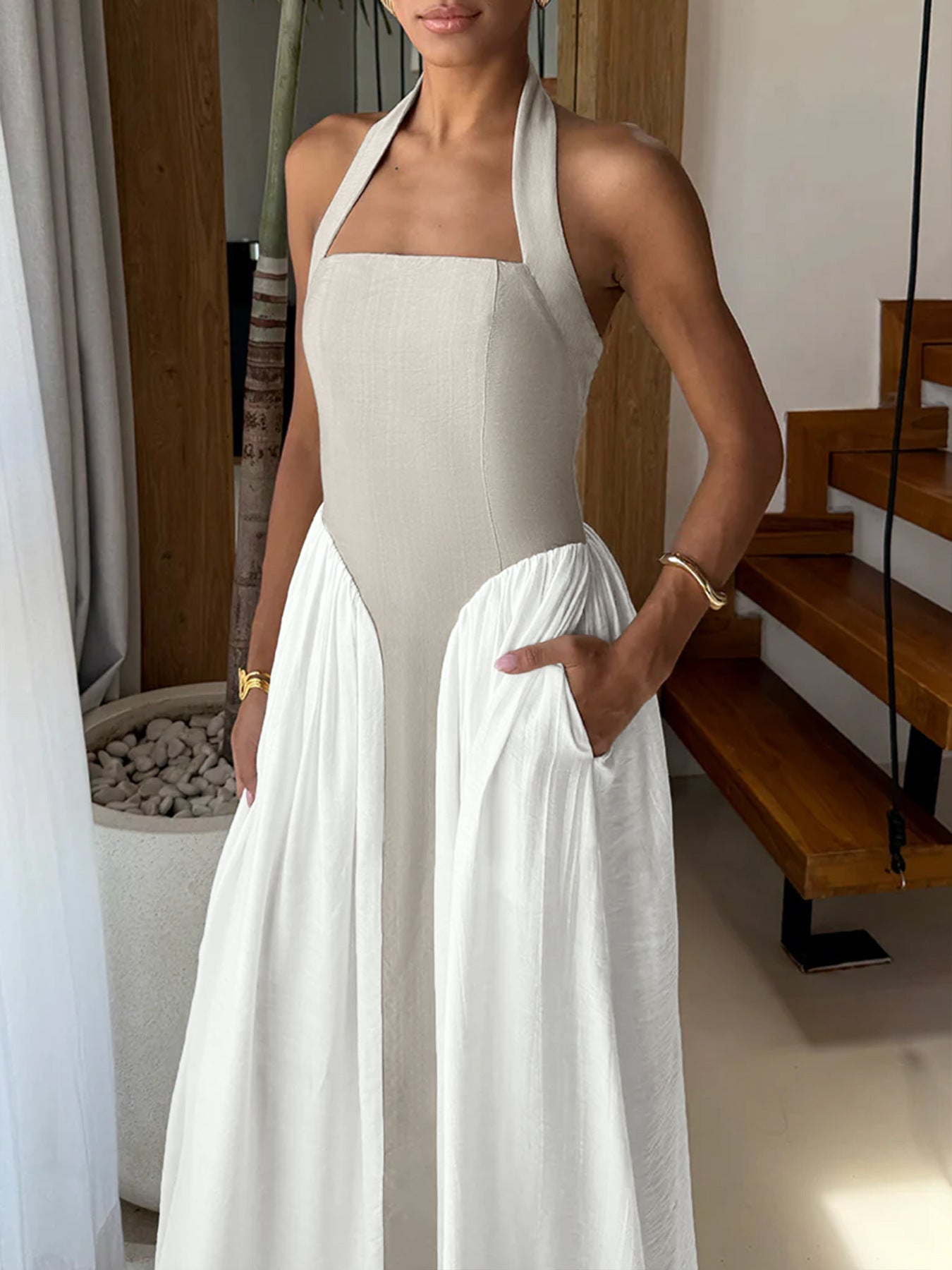 Halter Neck Two - Tone Maxi Dress - TrendNest
