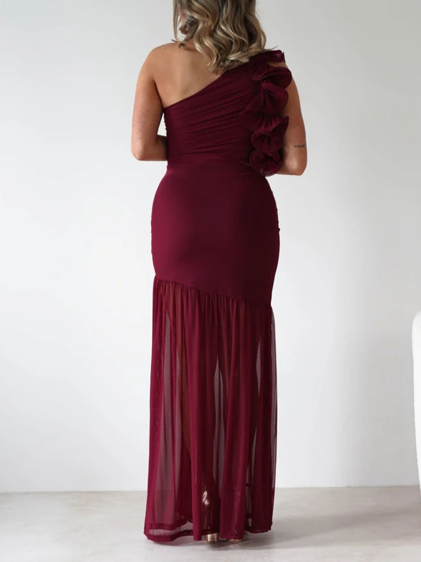 One - Shoulder Ruffle Trim Maxi Dress - TrendNest