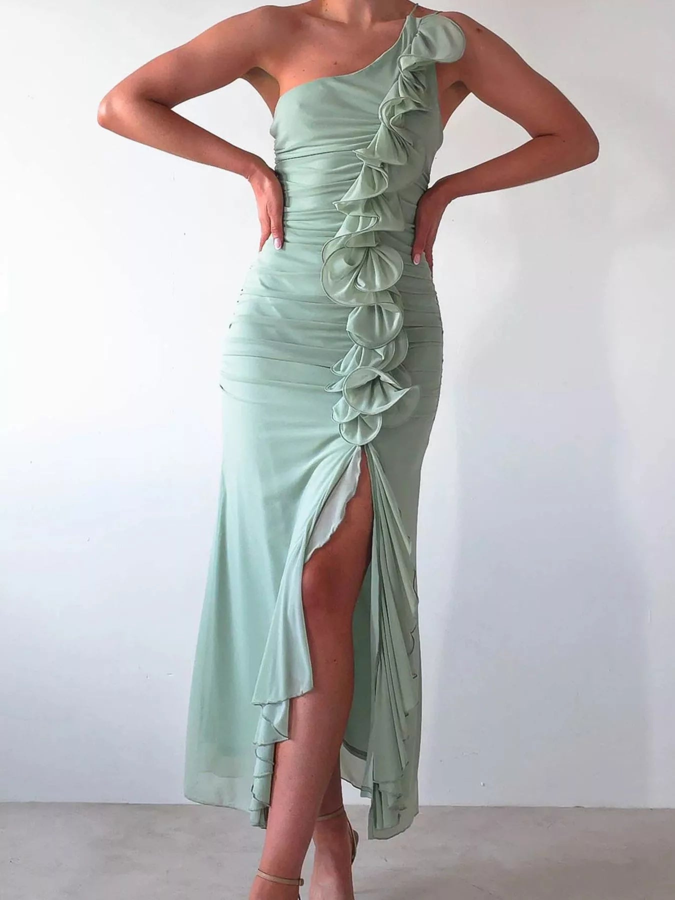 One - Shoulder Ruffle Slit Dress - TrendNest