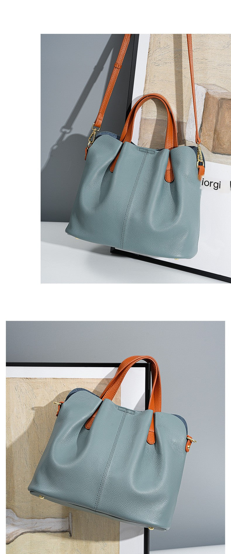 Genuine Leather Women's Shoulder Tote Bag, Color Block Design