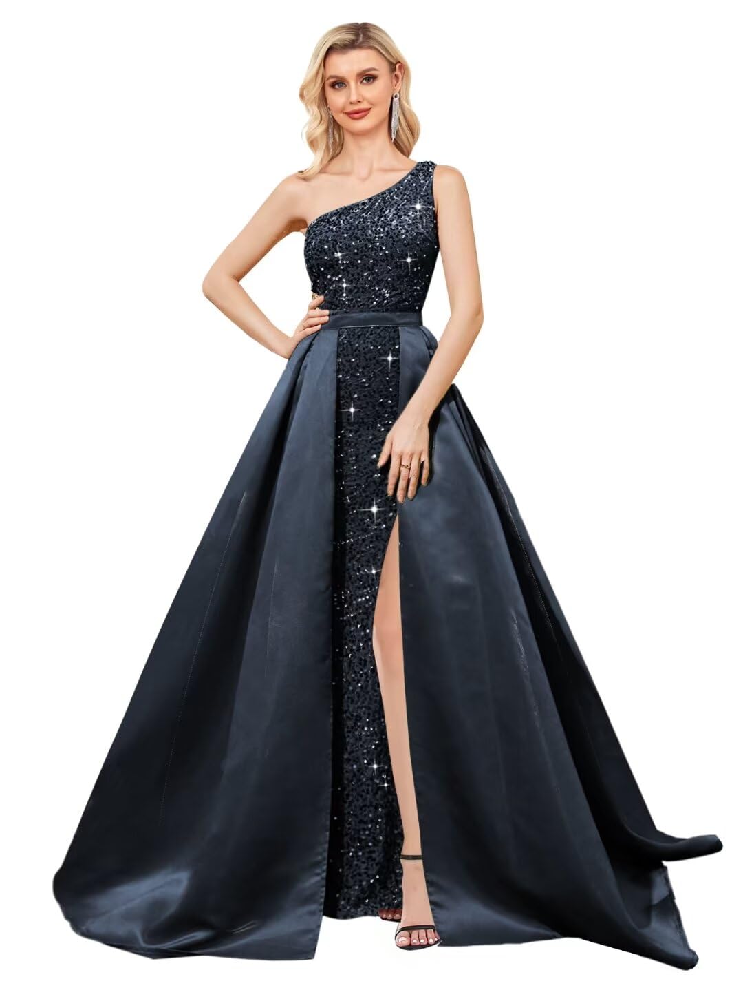 Navy Blue Long Prom Dresses 2024 One Shoulder Sequin Formal Evening Gowns with Satin Detachable Train Plus Size Sparkly Split Ball Gowns Size 4