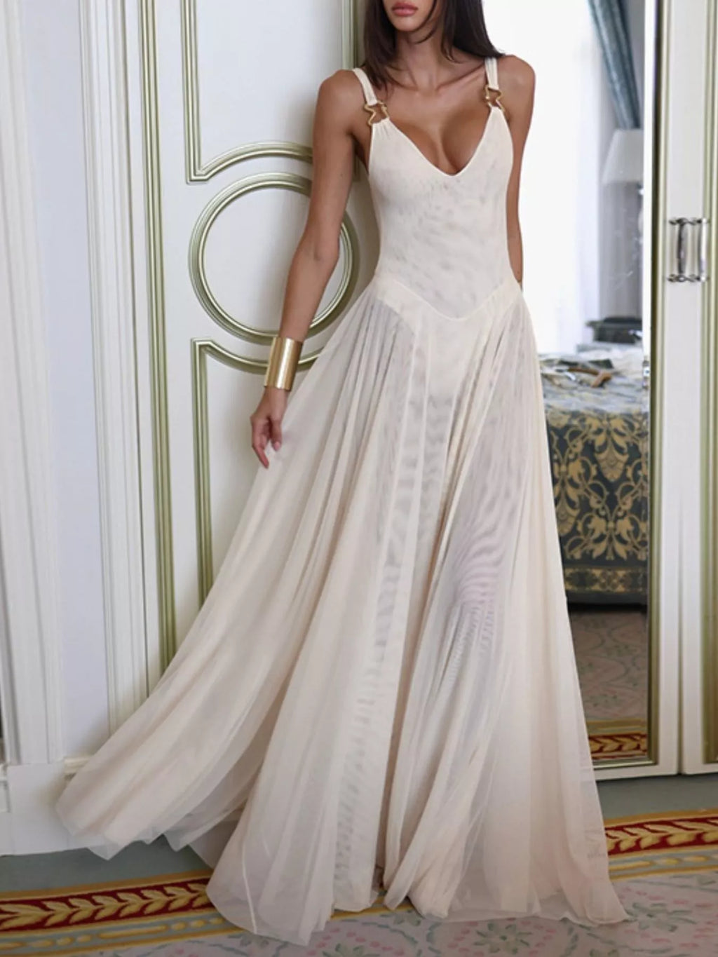 Sleeveless Sheer Maxi Dress with Gold Hardware Detail - TrendNest