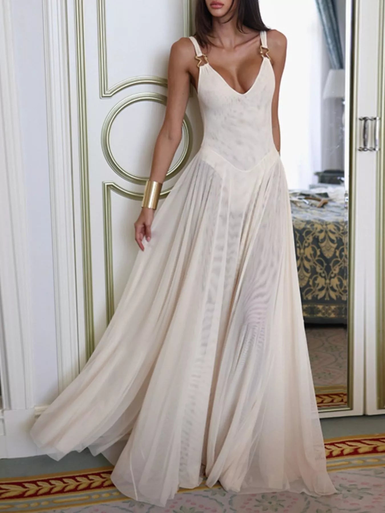 Sleeveless Sheer Maxi Dress with Gold Hardware Detail - TrendNest