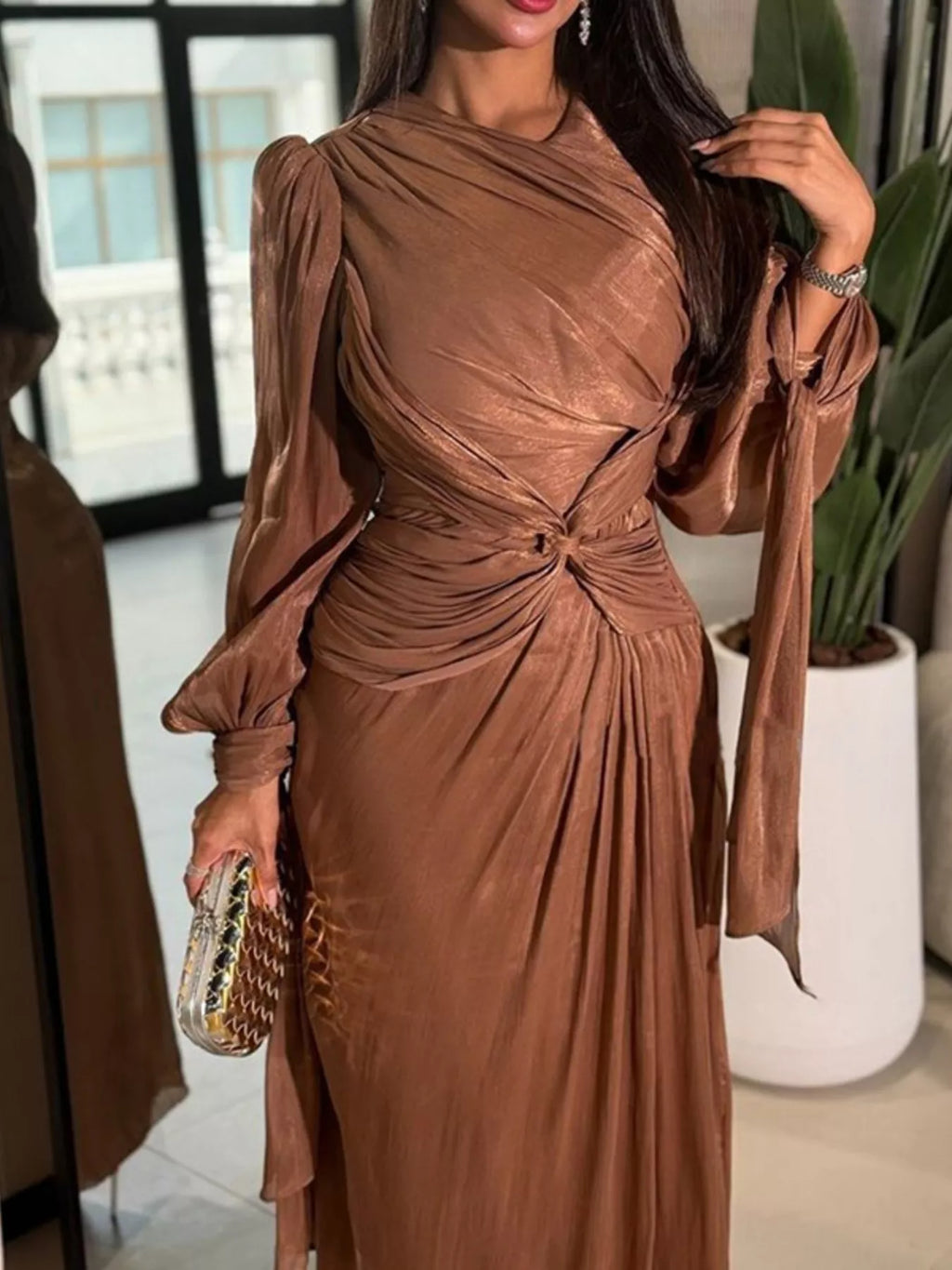 Front Twisted Draped Long Sleeve Maxi Dress - TrendNest