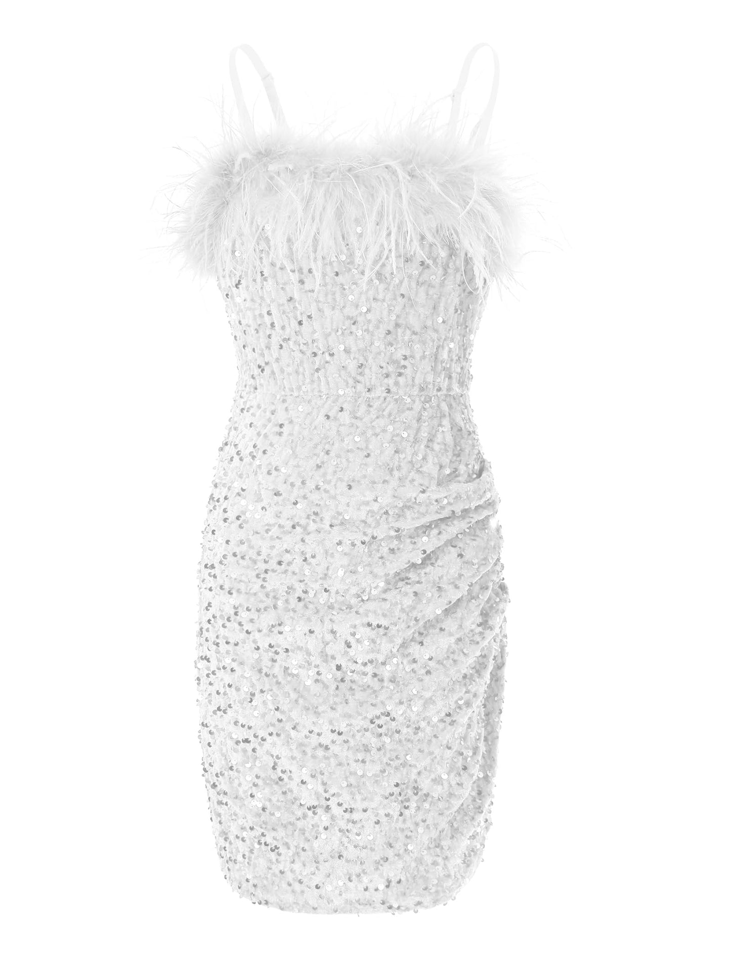 EXARUS Girls Sequin Party Velvet Bodycon Dress Sparkle Pencil Dance Furry Spaghetti Strap Mini Splice Ruched Tight Birthday Pleated Special Occasion Dresses White 12Y
