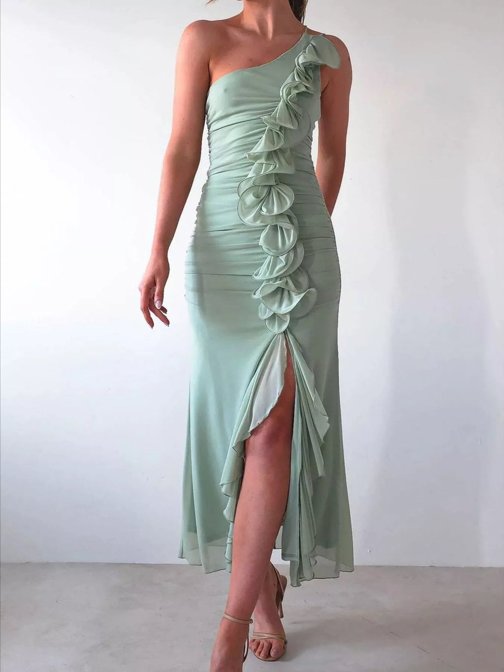 One - Shoulder Ruffle Slit Dress - TrendNest
