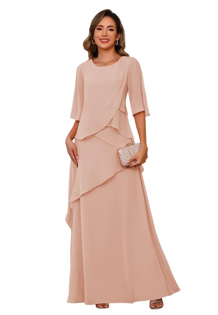 PUXIU Womens Long Sleeve Chiffon Ruffles Mother of The Bride DressesPlus Size Crew Neck Mother of The Bride Dress for Women Blush Pink 18W