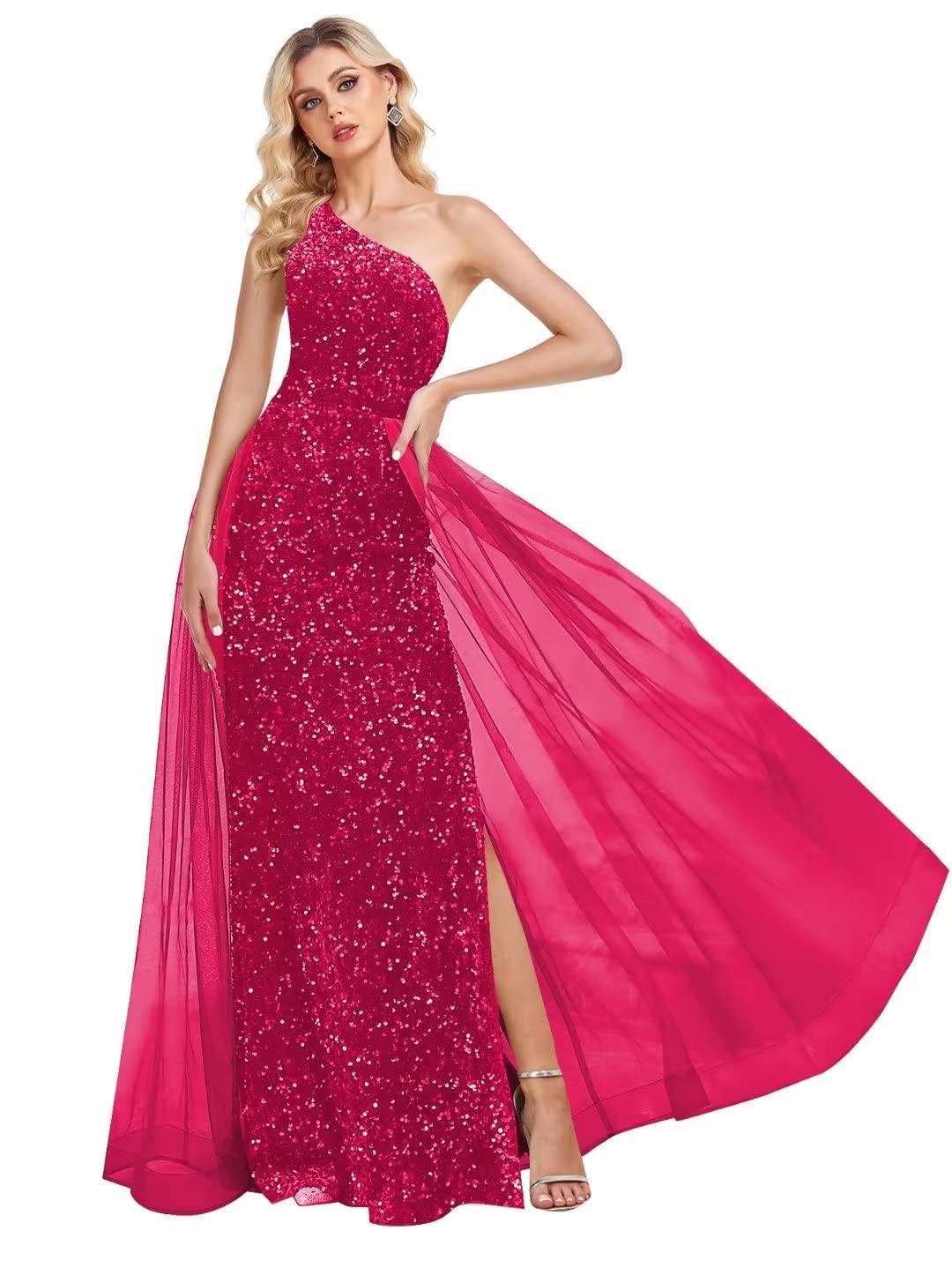 One Shoulder Sequin Prom Dresses for Women Tulle Ball Gown Long Formal Evening Gowns 2024 Size 12 Hot Pink