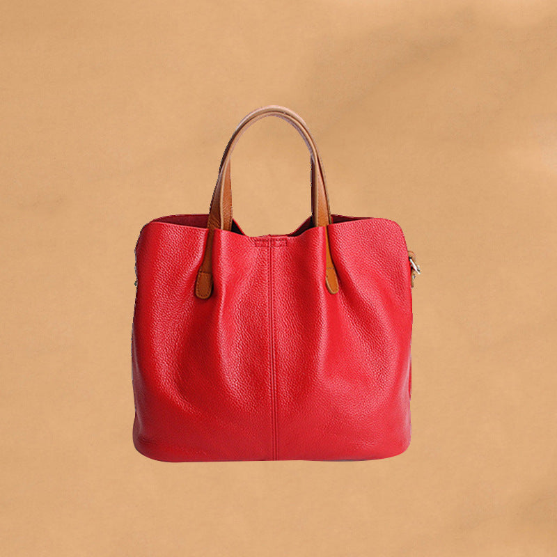 Genuine Leather Women's Shoulder Tote Bag, Color Block Design