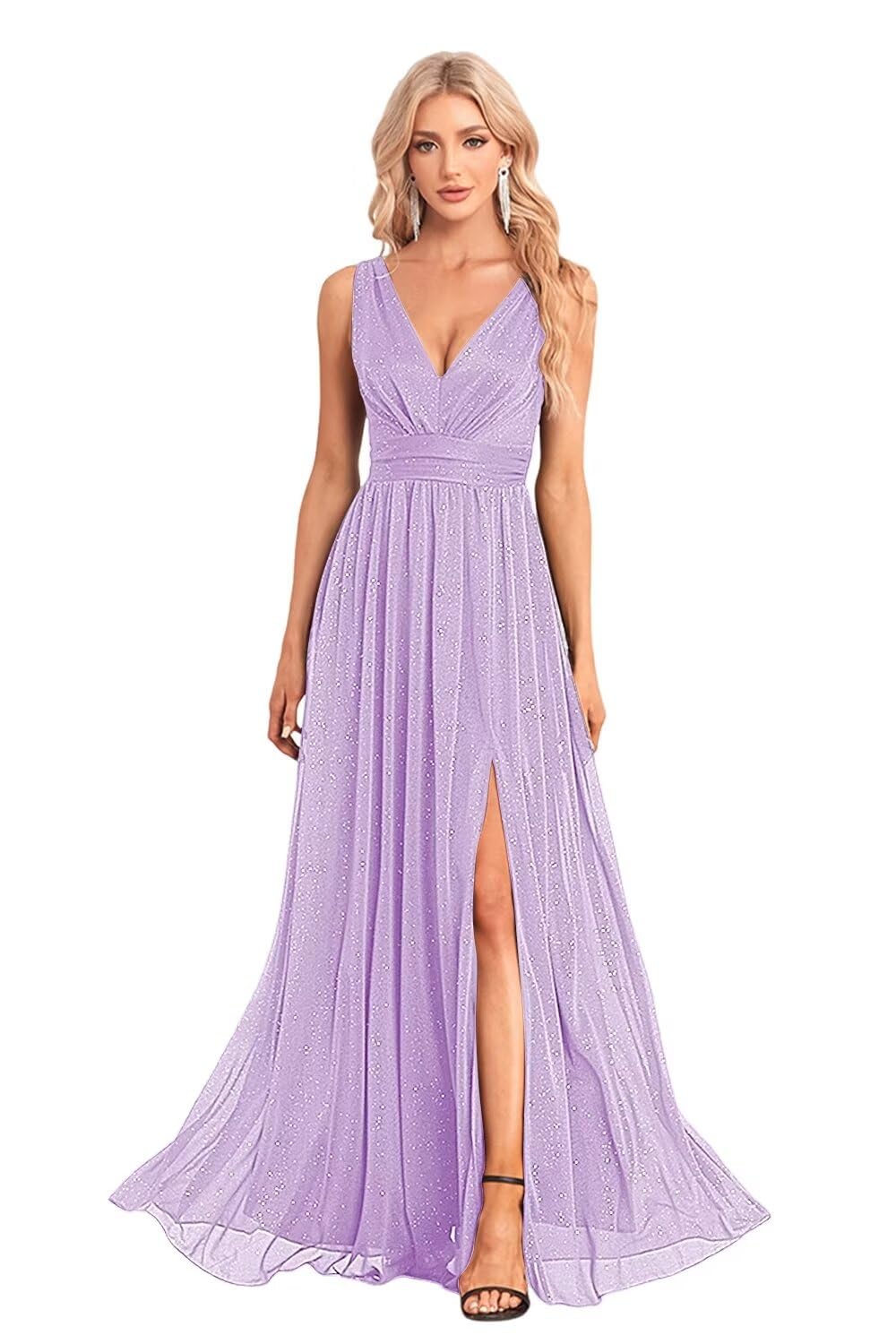 Lilannu V Neck Long Glitter Tulle Evening Gowns Empire Waist A Line Sparkly Prom Dress for Women Lavender