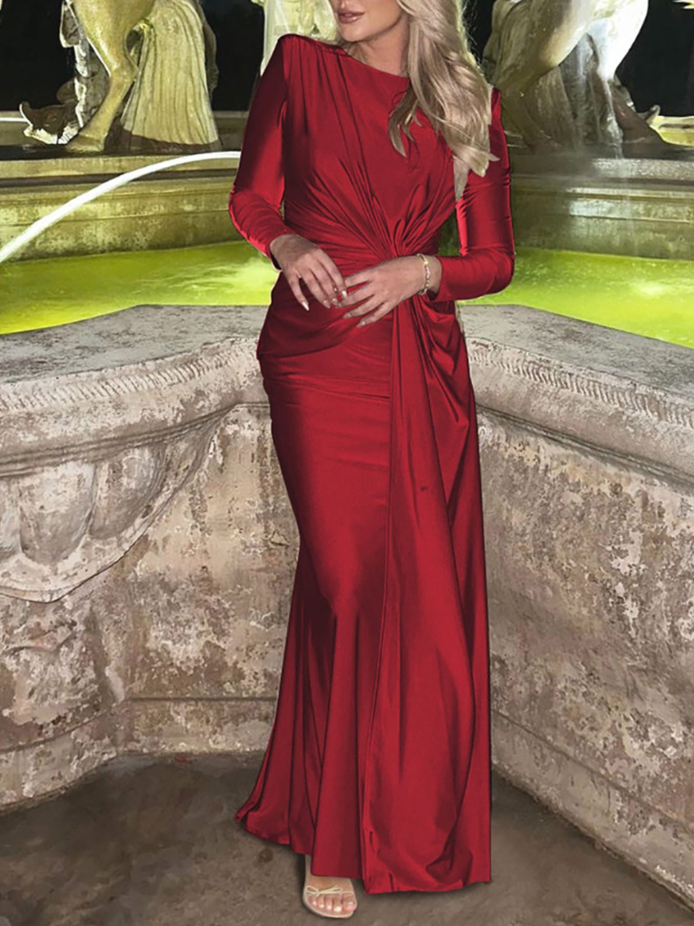 Ruched Knot Front Long Sleeve Maxi Dress - TrendNest