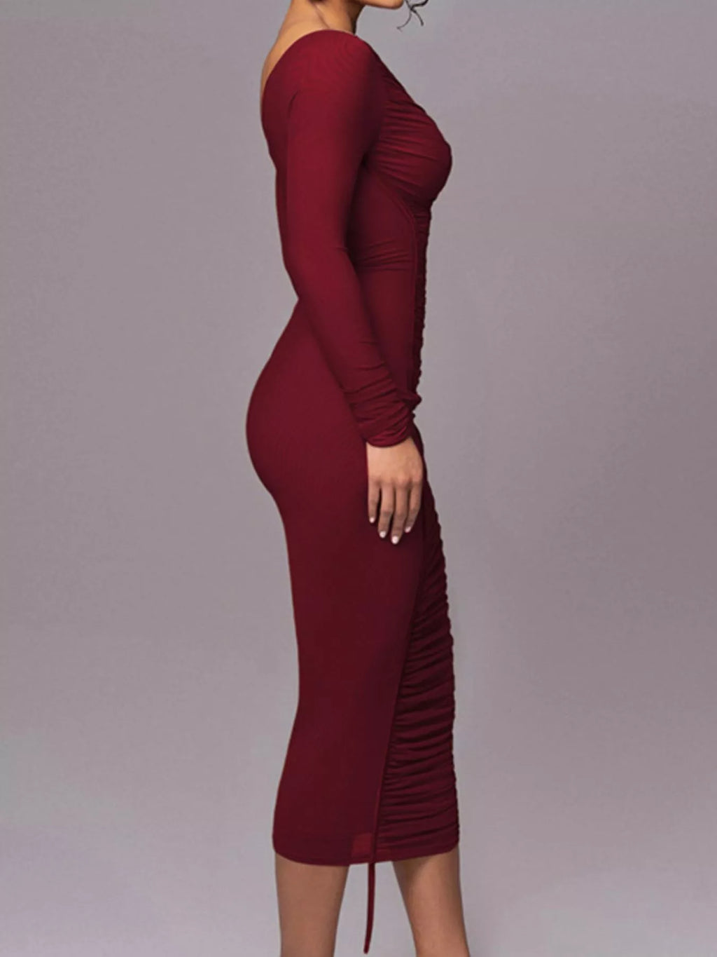 One - Shoulder Ruched Bodycon Midi Dress - TrendNest