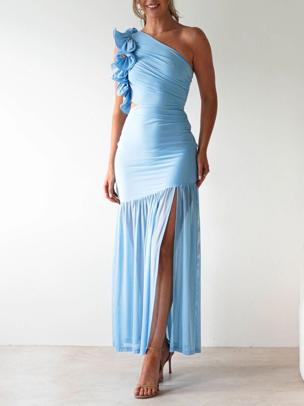 One - Shoulder Ruffle Trim Maxi Dress - TrendNest