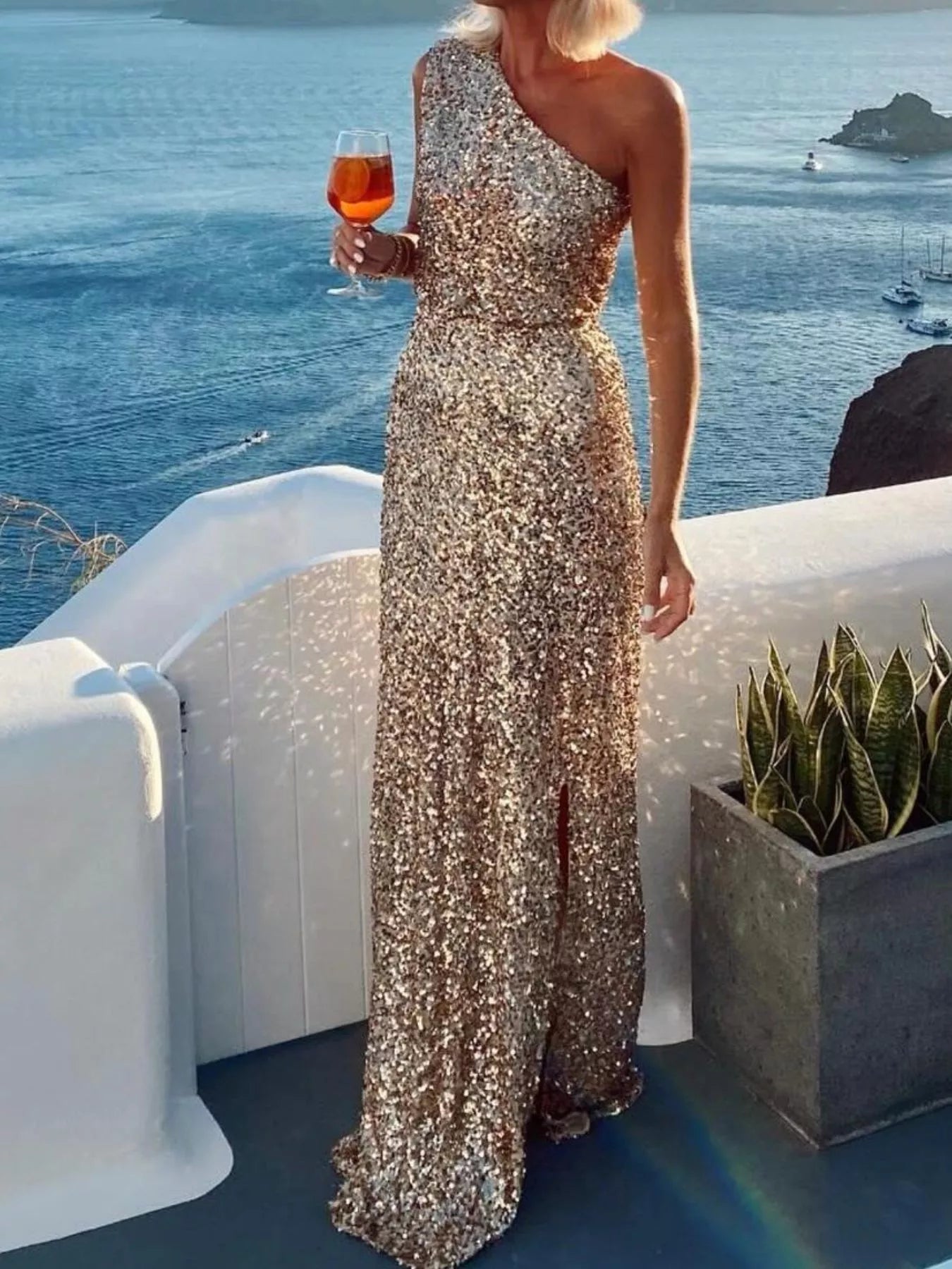Sequin One - Shoulder Slit Maxi Dress - TrendNest