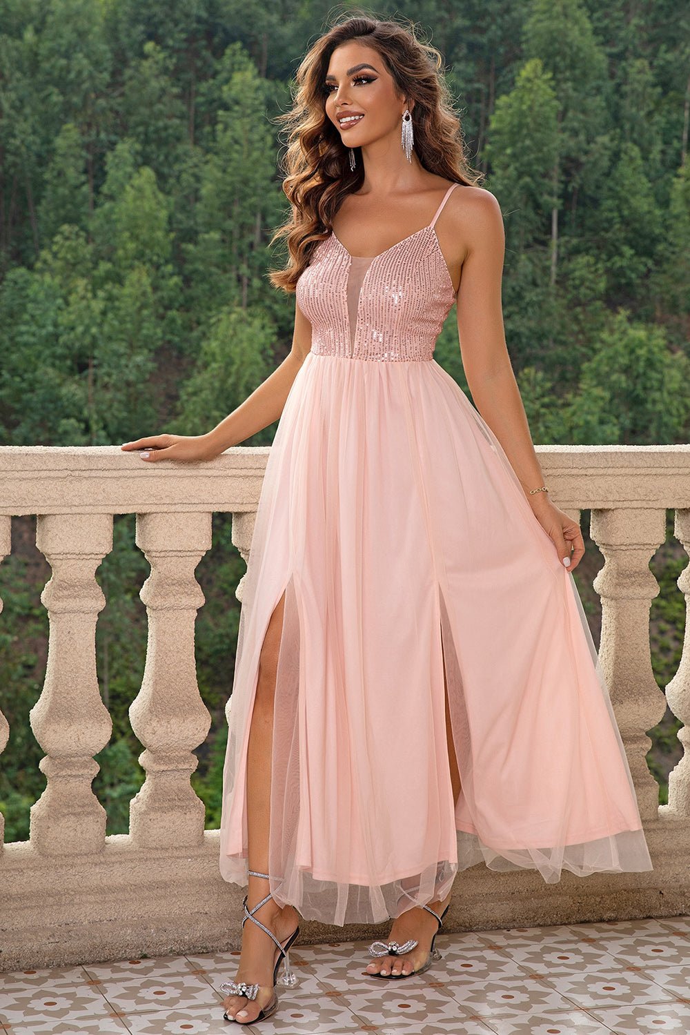Spaghetti Strap Slit Mesh Dress - TrendNest