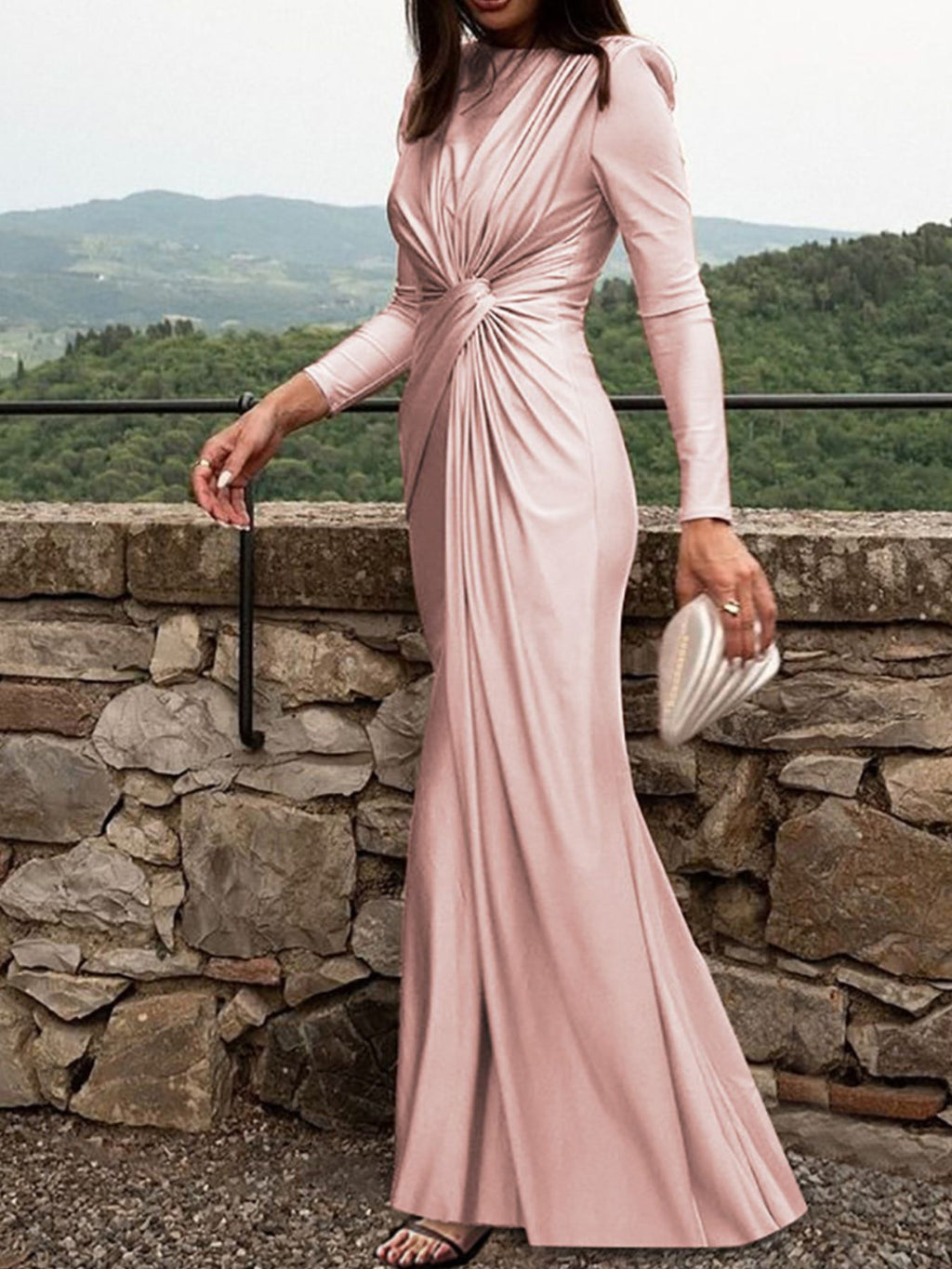 Ruched Knot Front Long Sleeve Maxi Dress - TrendNest