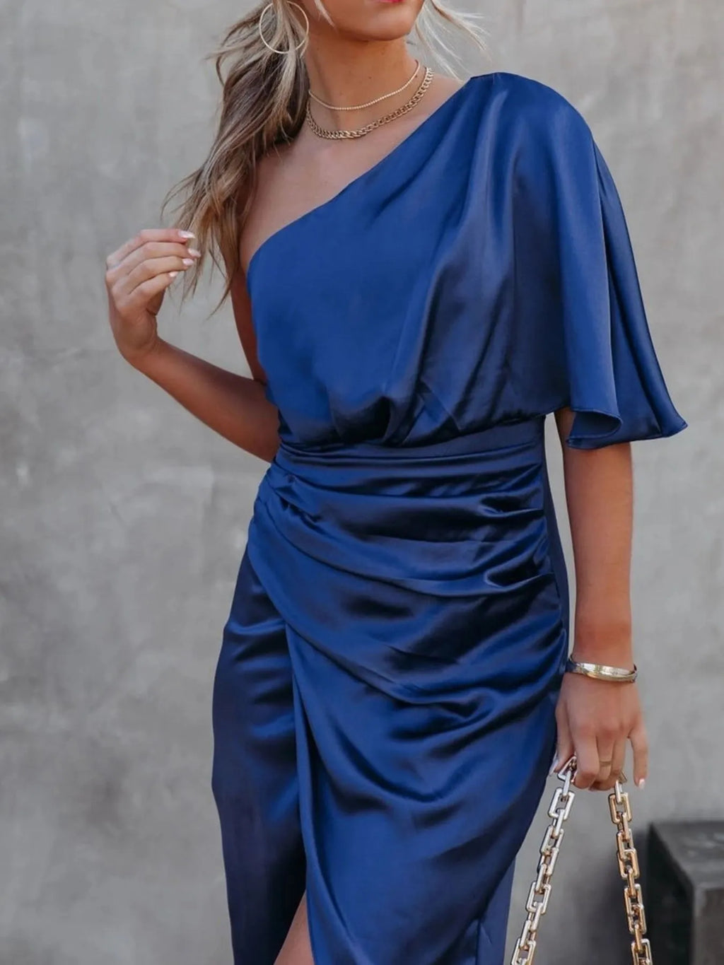 One - Shoulder Satin Wrap Dress with Side Slit - TrendNest