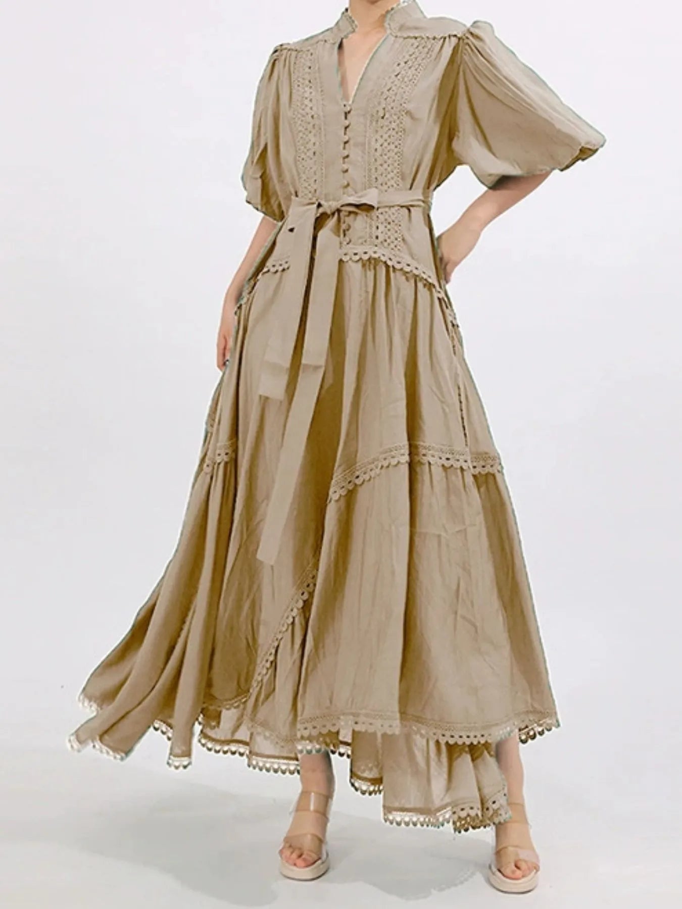 Lace Detail Notched Puff Sleeve Maxi Dress - TrendNest