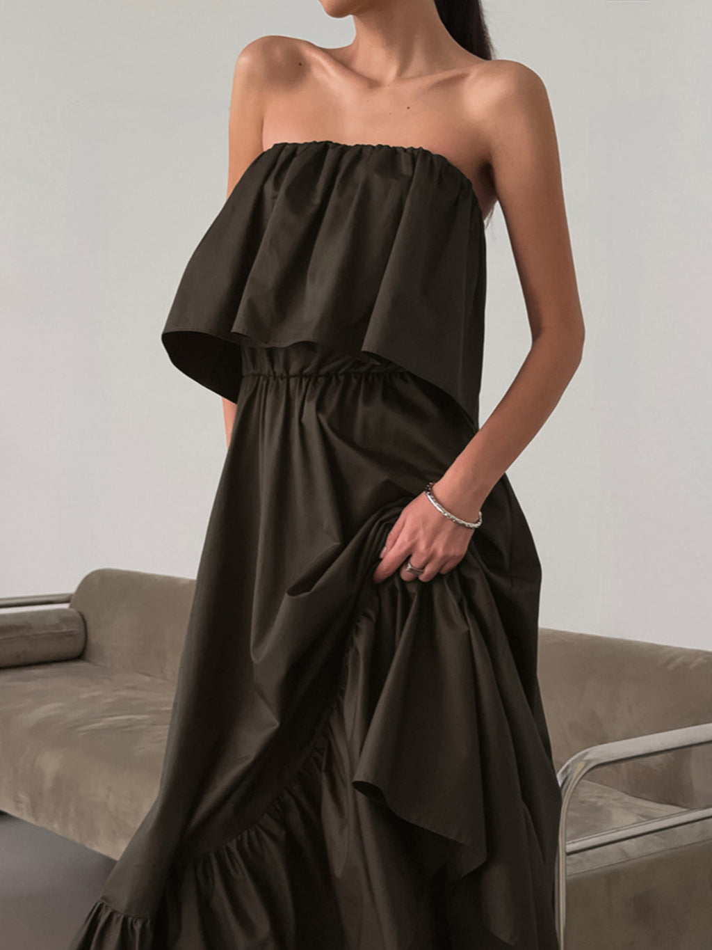 Off - Shoulder Ruffle Hem Maxi Dress - TrendNest
